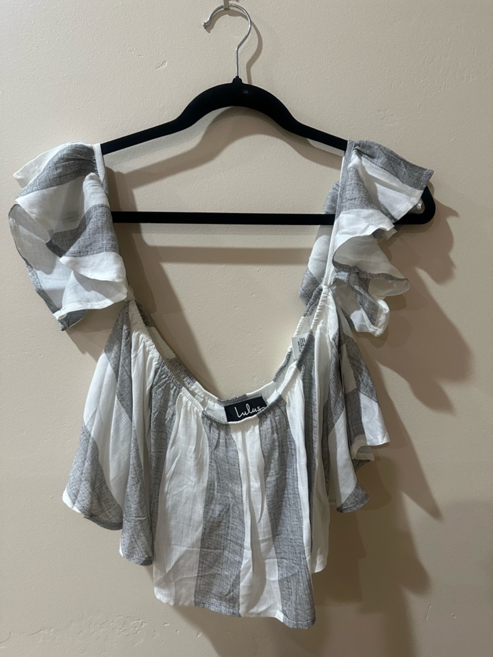 Lulu's White and Gray Striped Ruffle Off-Shoulder Camisole